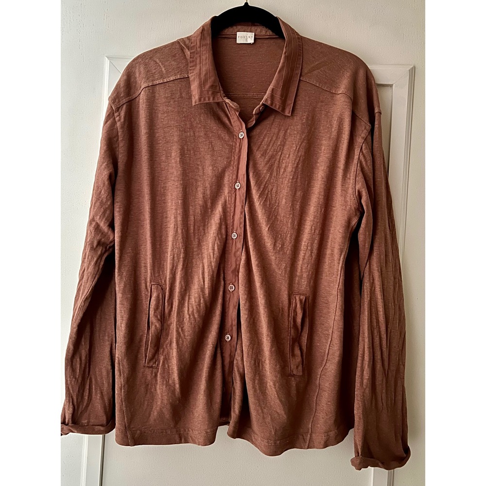 Poetry Hemp Cotton Blend Button Down Shirt Terracotta Brown Women US 10